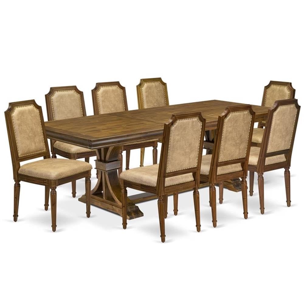 9-Piece Acacia Wood Dining Table Set with 8 Beige PU Leather Chairs G9401