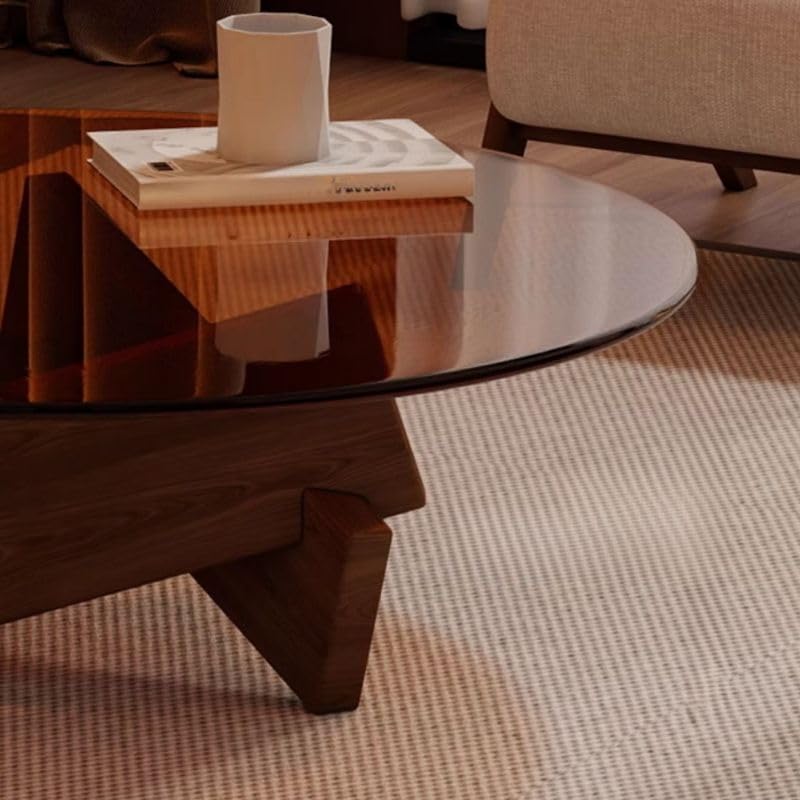 Round Glass Coffee Table with Solid Wood Abstract Base T4353