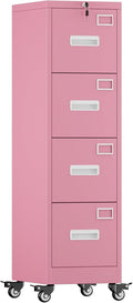 Pink 4-Drawer Metal File Cabinet with Lock and Wheels U264