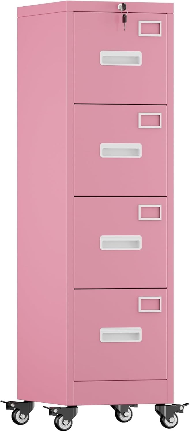 Pink 4-Drawer Metal File Cabinet with Lock and Wheels U264