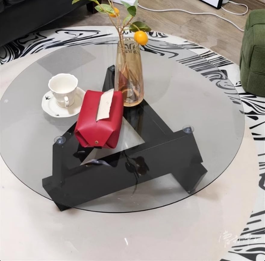Round Glass Coffee Table with Solid Wood Abstract Base T4353