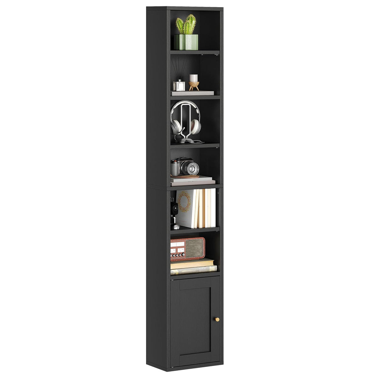 7-Tier Narrow Bookshelf with Door and Storage Cabinet, Black D174297
