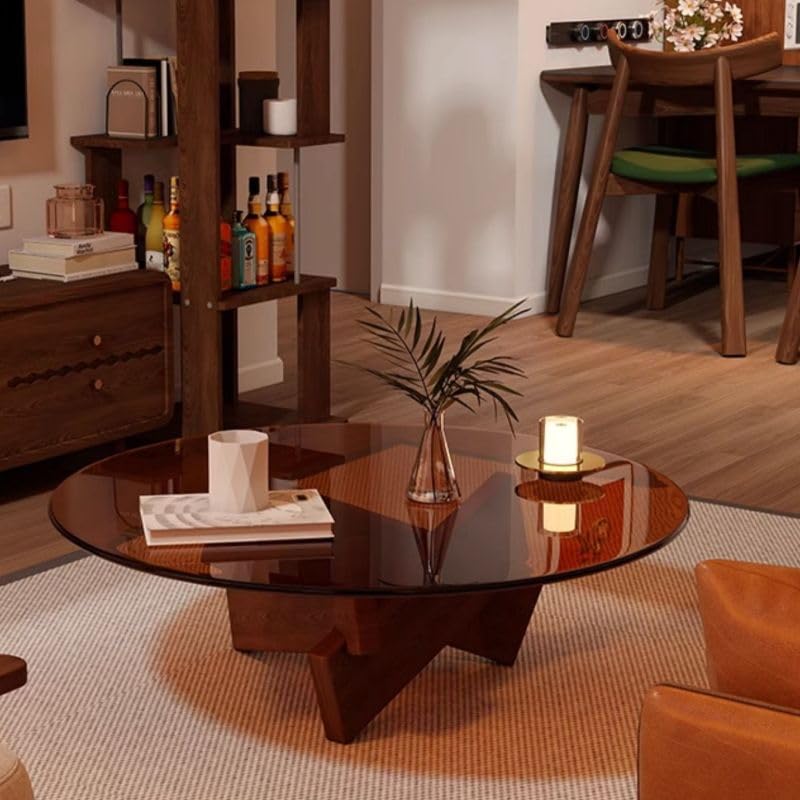 Round Glass Coffee Table with Solid Wood Abstract Base T4353