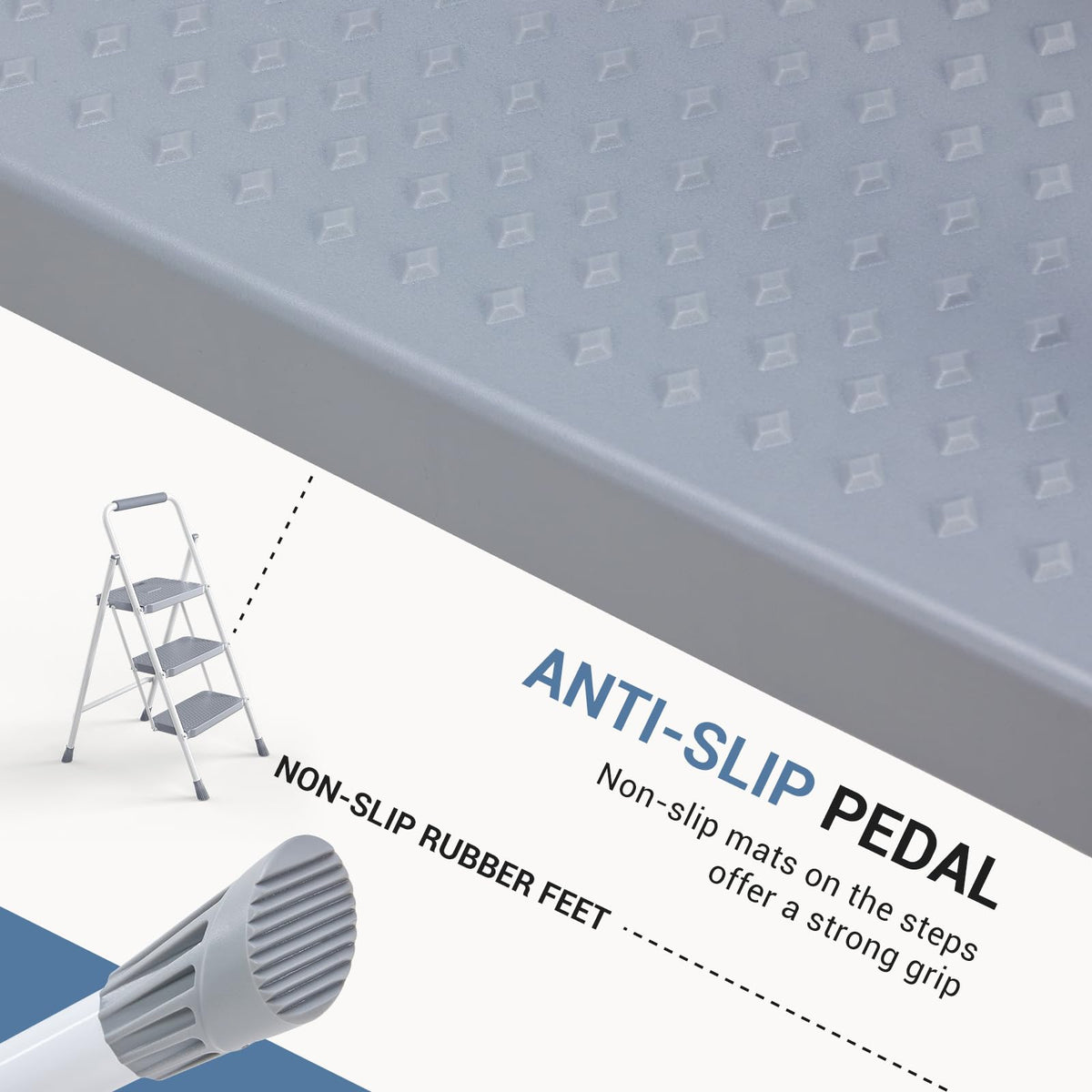 3 Step Ladder with Anti-Slip Pedal and Handrail, 800lbs, Grey U89400
