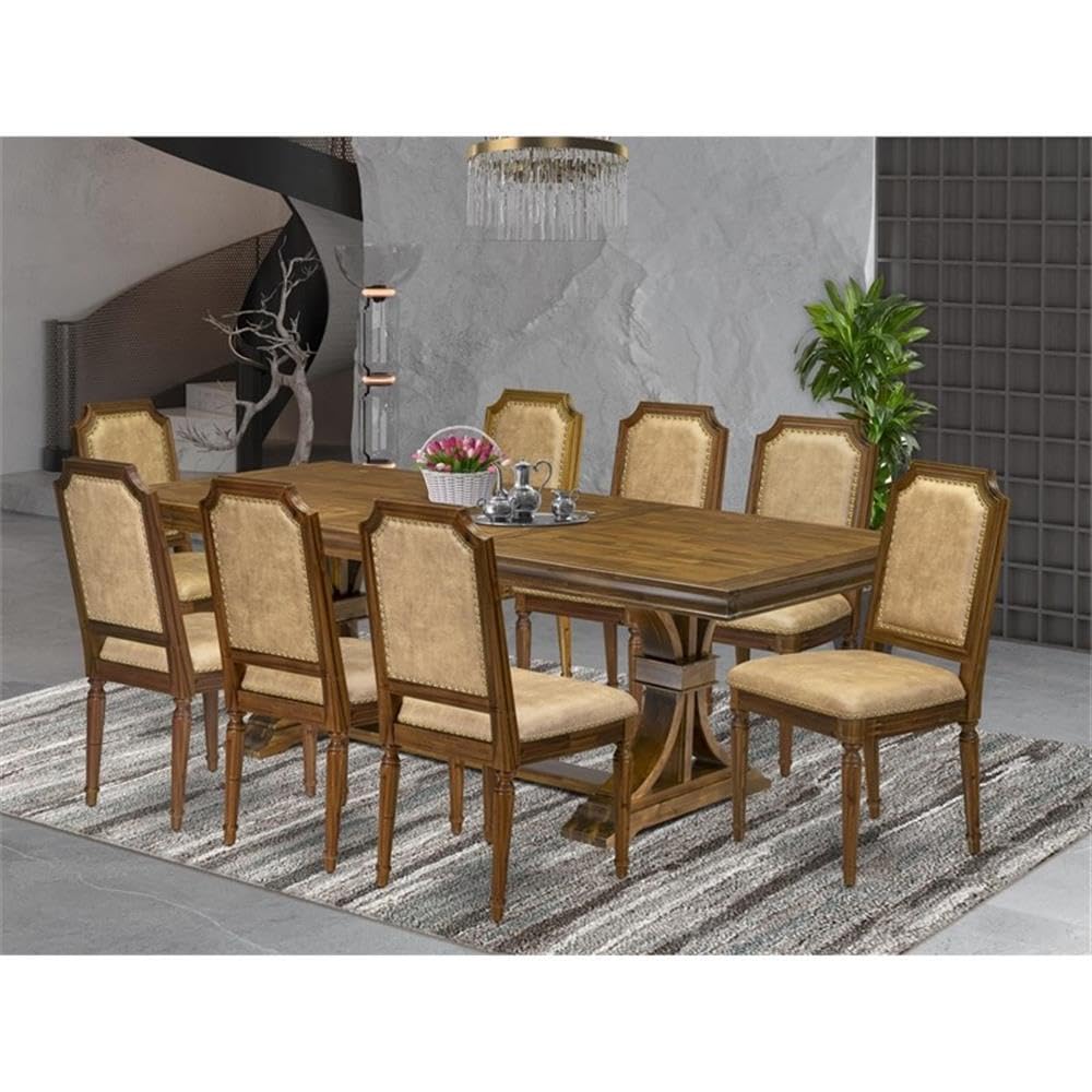 9-Piece Acacia Wood Dining Table Set with 8 Beige PU Leather Chairs G9401