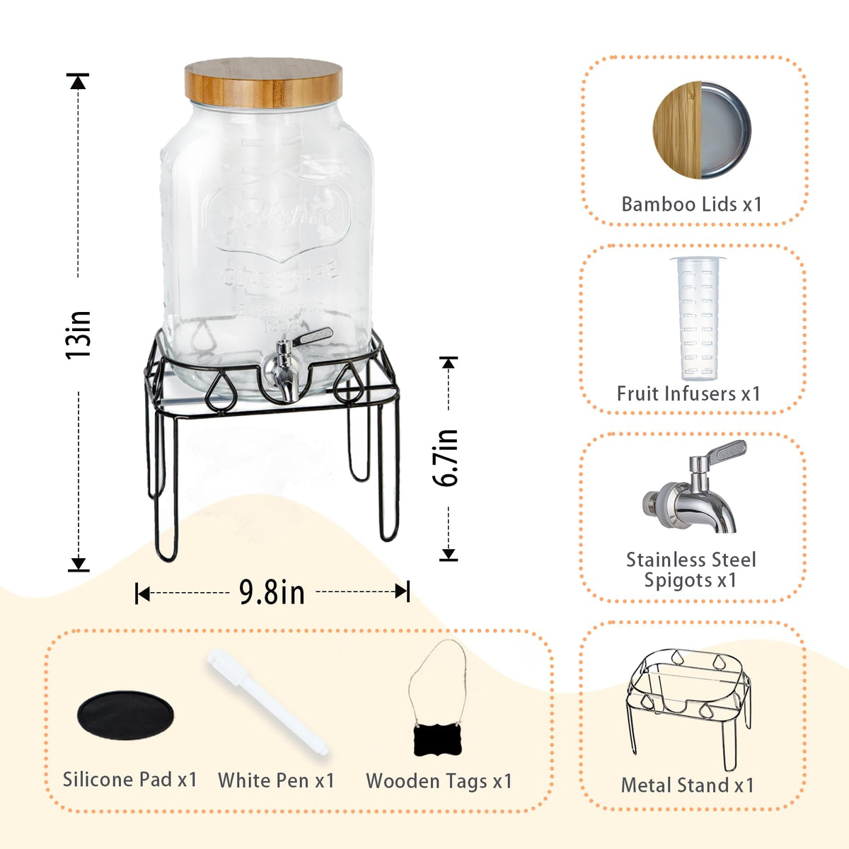 2 Gallon Glass Drink Dispenser with Stand and Bamboo Lid E588431