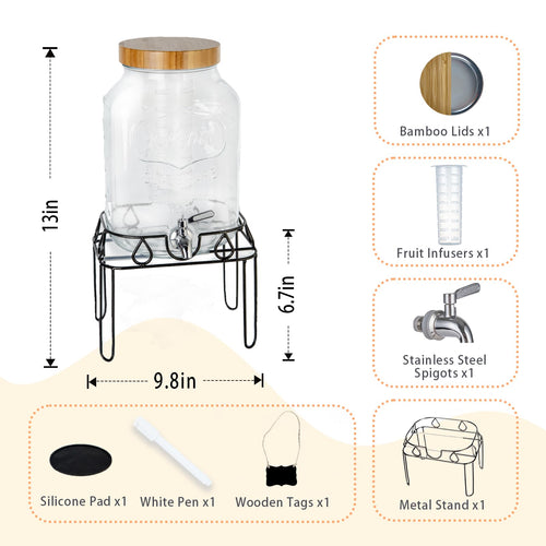 2 Gallon Glass Drink Dispenser with Stand and Bamboo Lid E588431