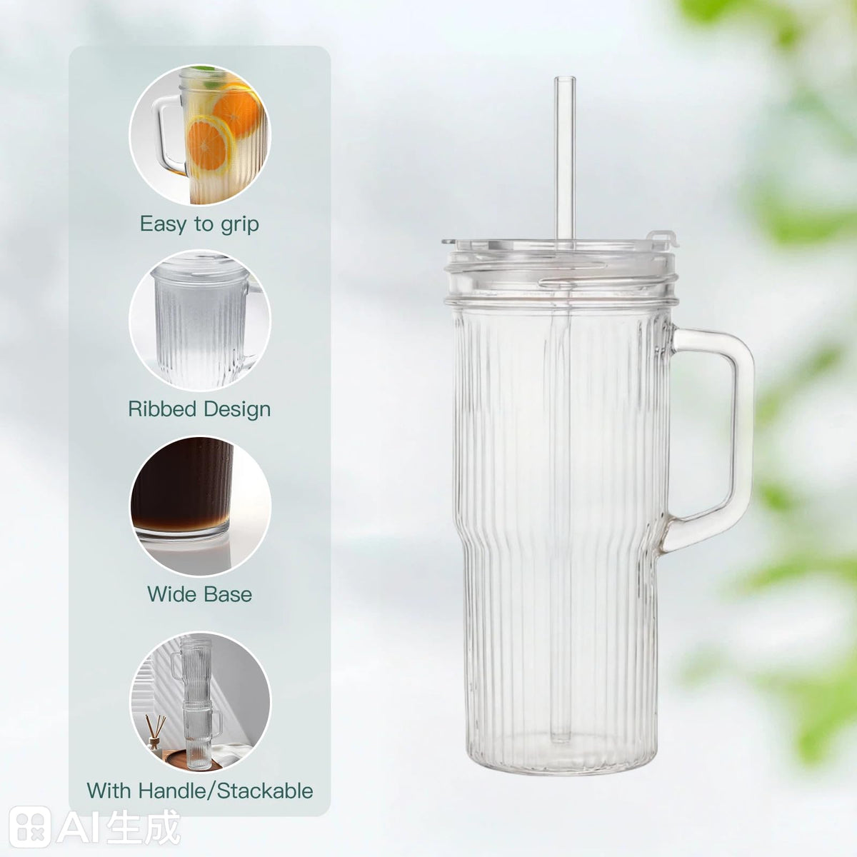 2-Pack 24oz Ribbed Glass Tumbler with Lids & Straws N688883