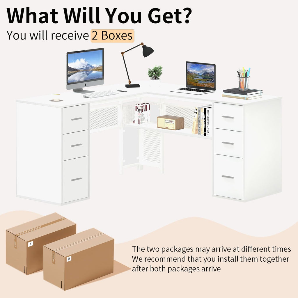White L Shaped Desk with Drawers J1945
