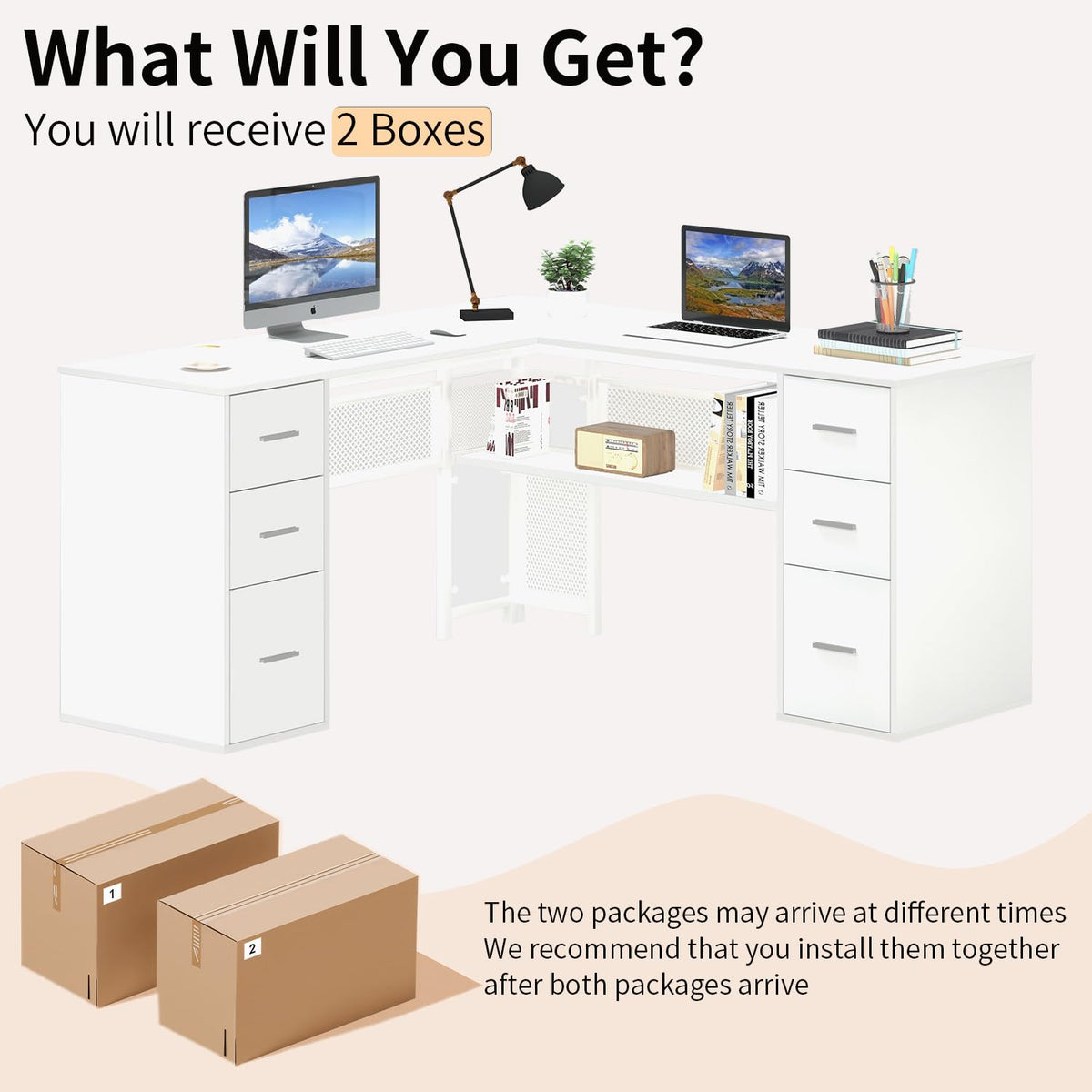 White L Shaped Desk with Drawers J1945