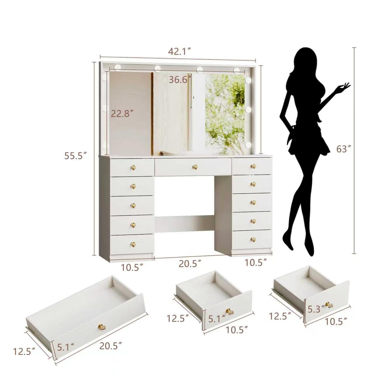White Vanity Desk with Mirror and 10 LED Lights G17765