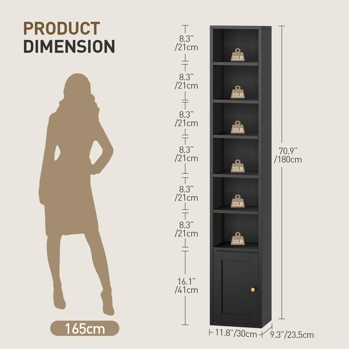 7-Tier Narrow Bookshelf with Door and Storage Cabinet, Black D174297