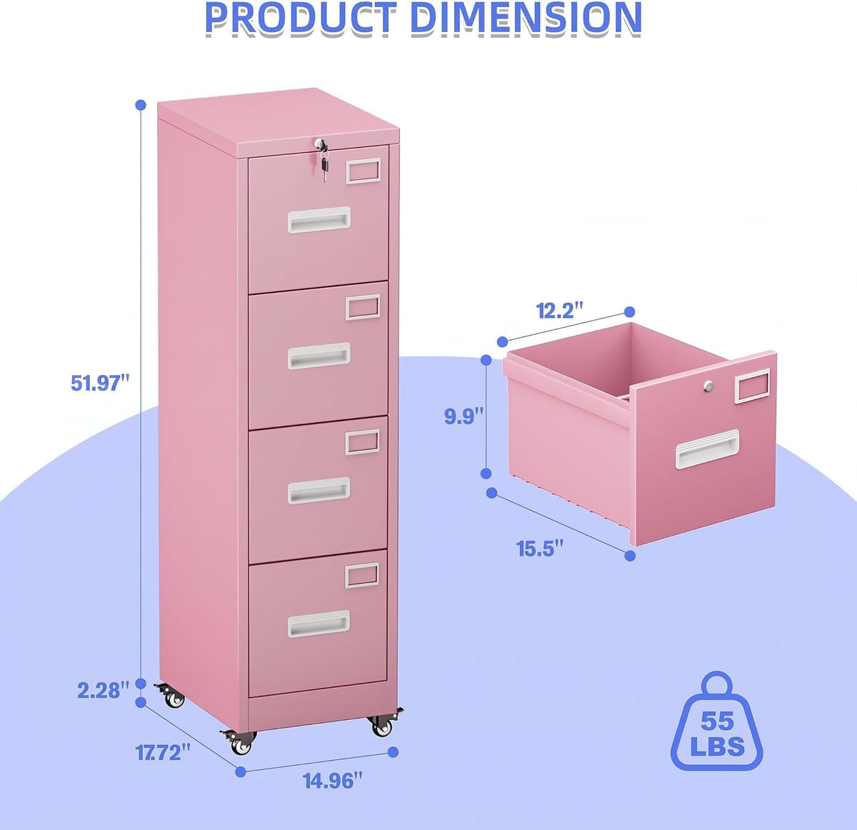 Pink 4-Drawer Metal File Cabinet with Lock and Wheels U264