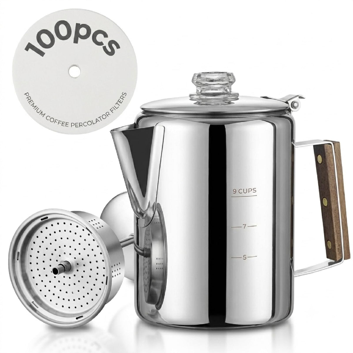 9 Cups Stainless Steel Coffee Percolator with 100pcs Coffee Filters Z82434