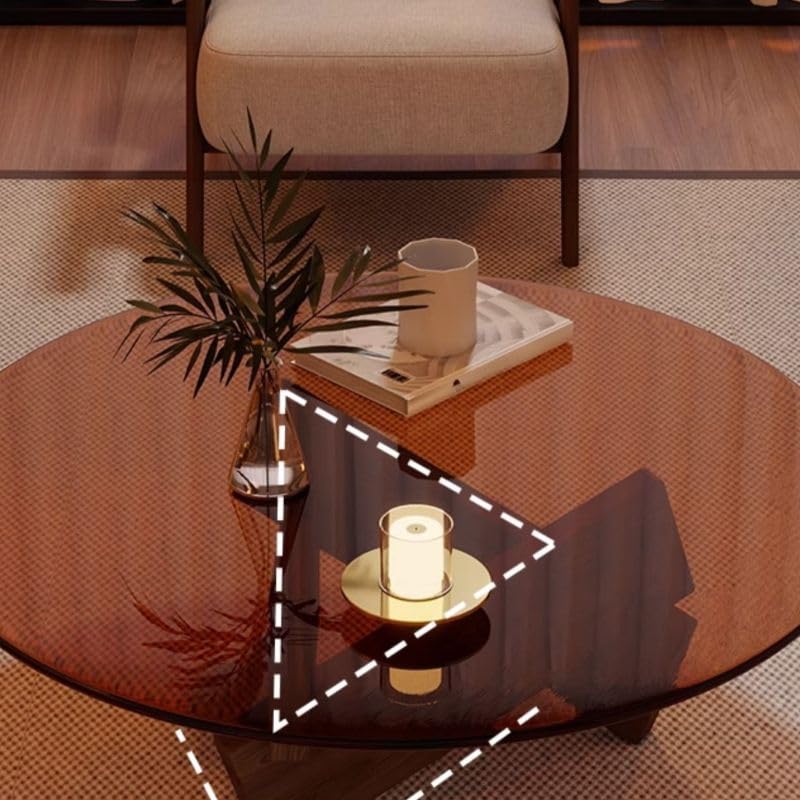 Round Glass Coffee Table with Solid Wood Abstract Base T4353