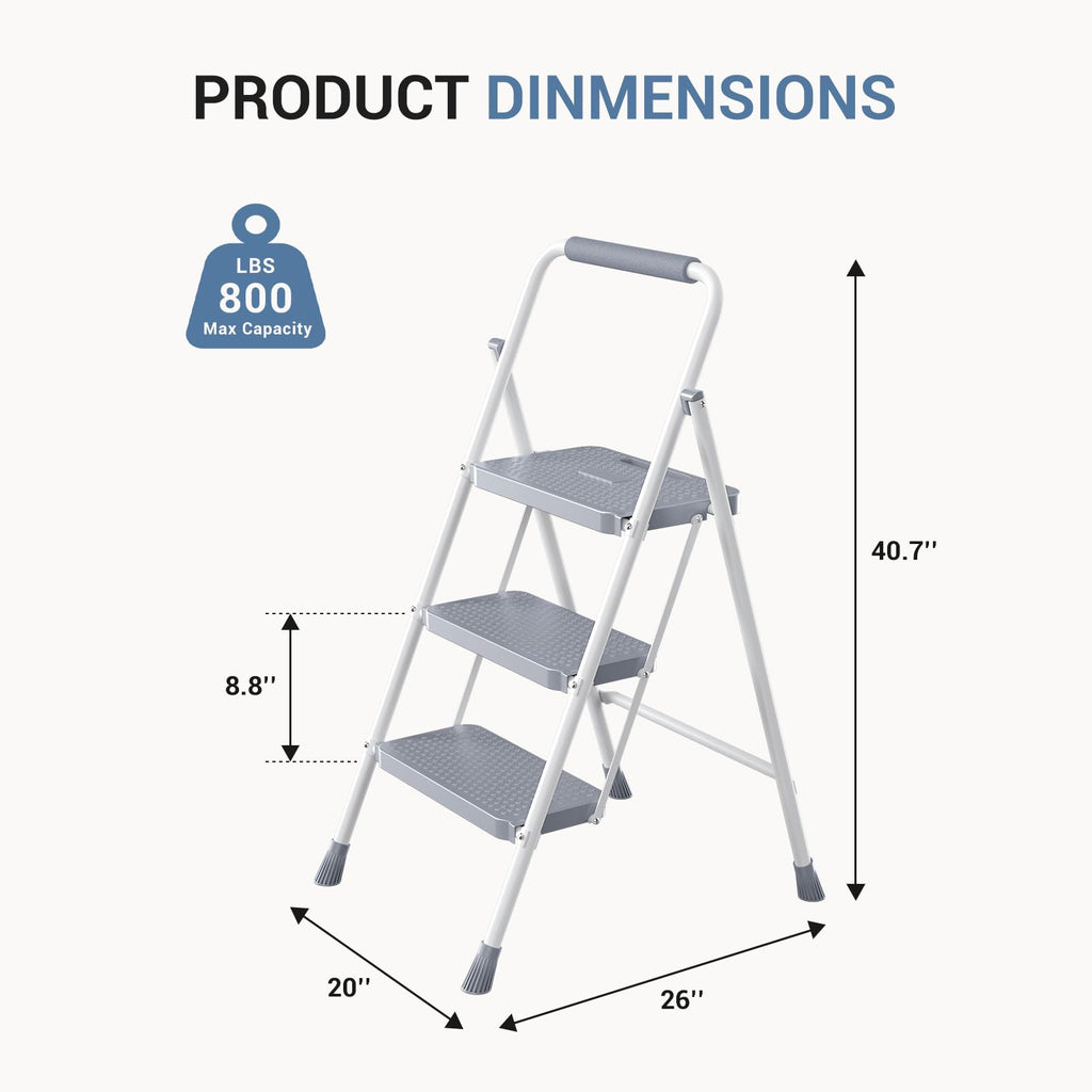 3 Step Ladder with Anti-Slip Pedal and Handrail, 800lbs, Grey U89400