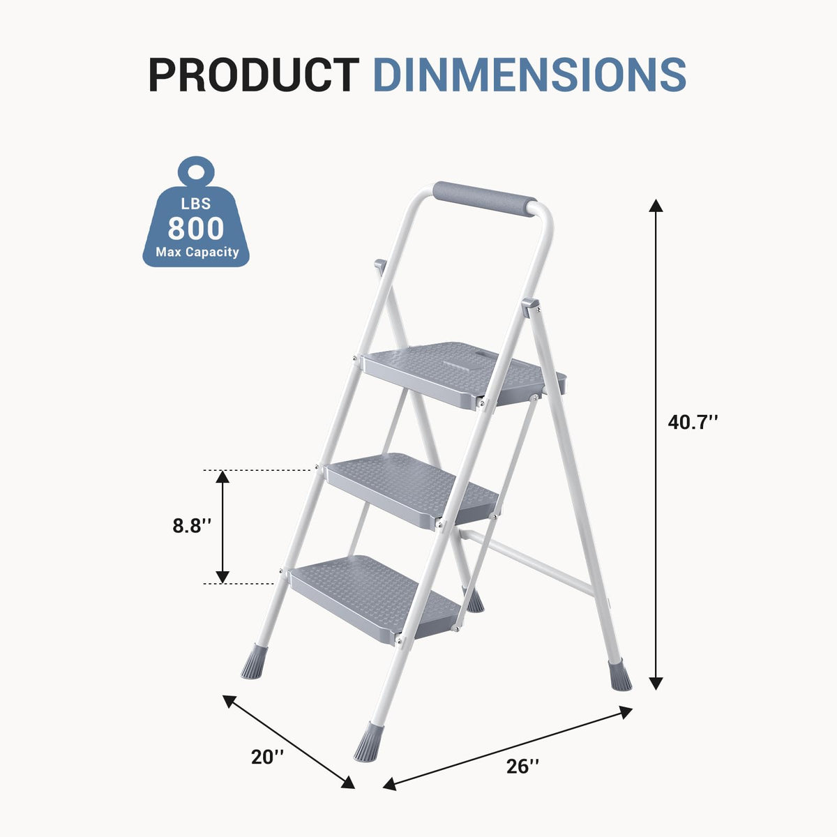 3 Step Ladder with Anti-Slip Pedal and Handrail, 800lbs, Grey U89400