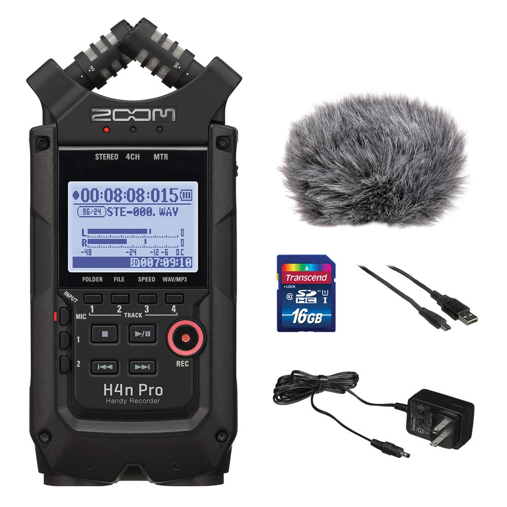 All Black 4-Track Portable Recorder with AC Adapter, Windbuster, 16GB Memory Card & USB Cable F24274
