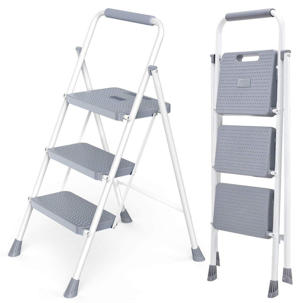 3 Step Ladder with Anti-Slip Pedal and Handrail, 800lbs, Grey U89400