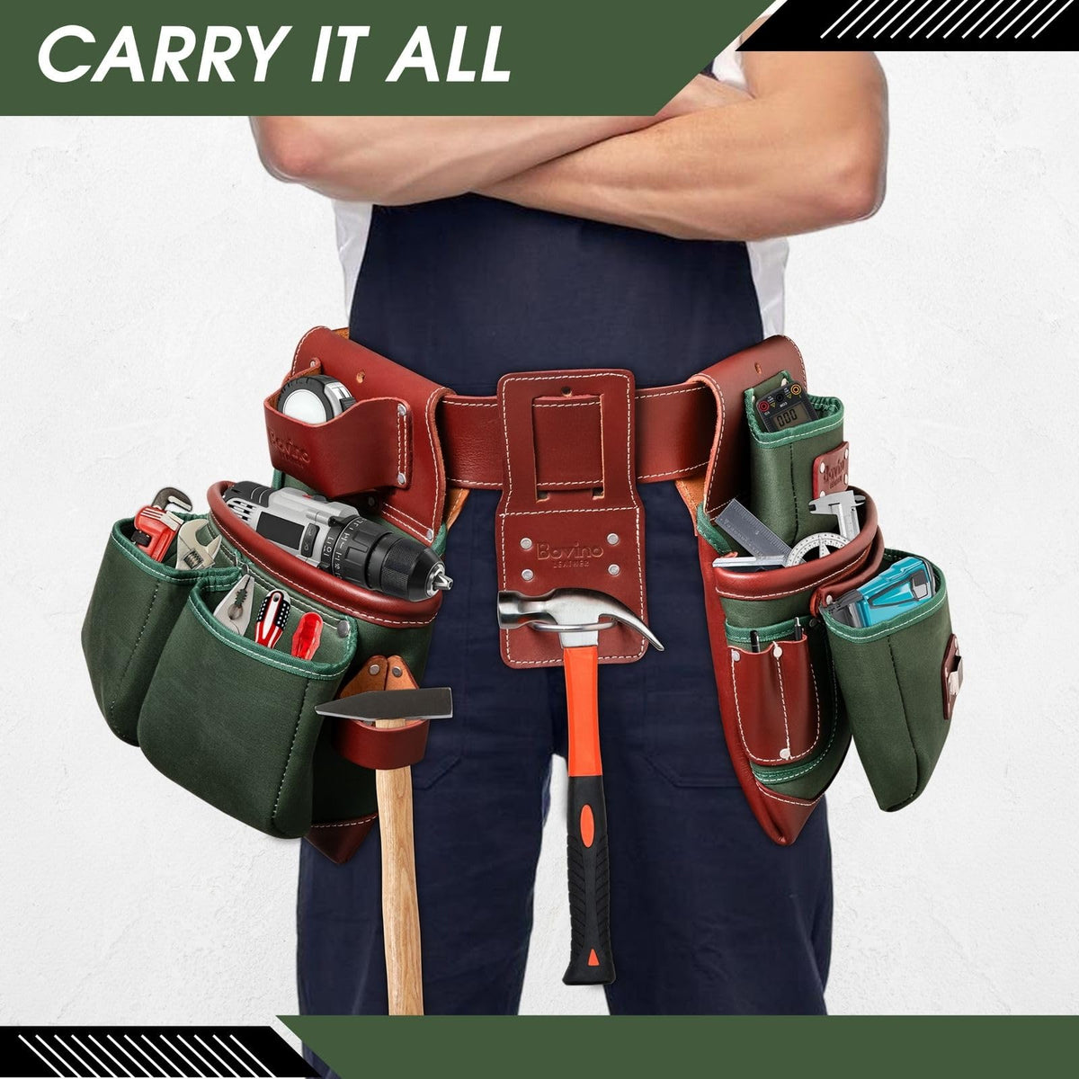 Nylon and Leather 21-Pocket Tool Belt with Hammer Holder D457