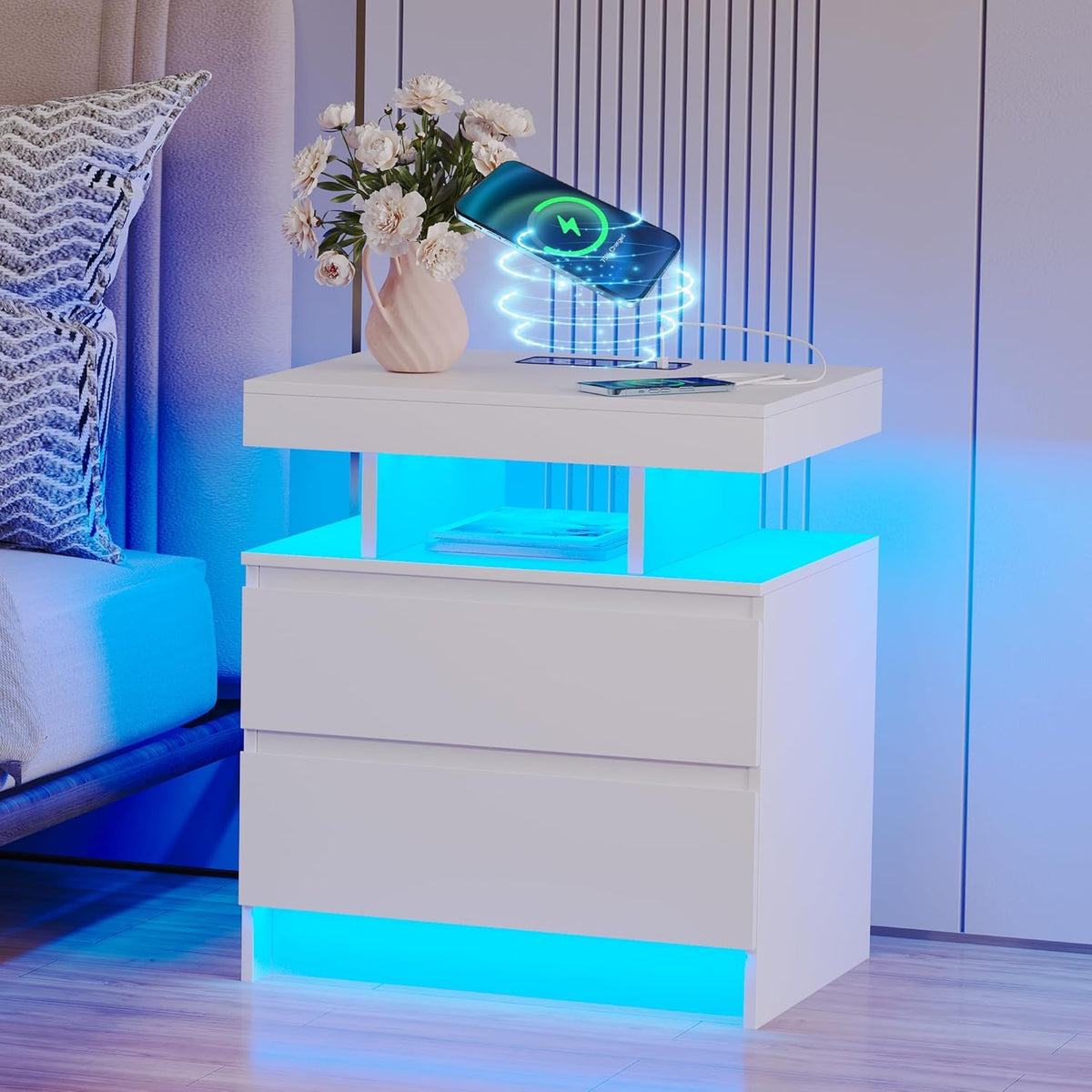 LED Nightstand with Charging Station White N442
