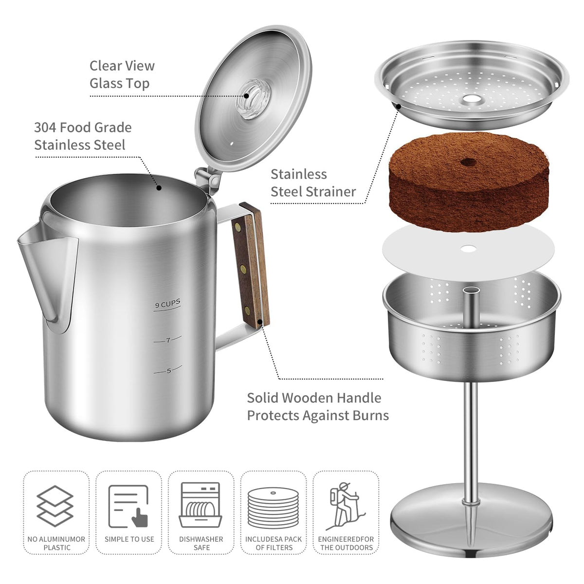 9 Cups Stainless Steel Coffee Percolator with 100pcs Coffee Filters Z82434