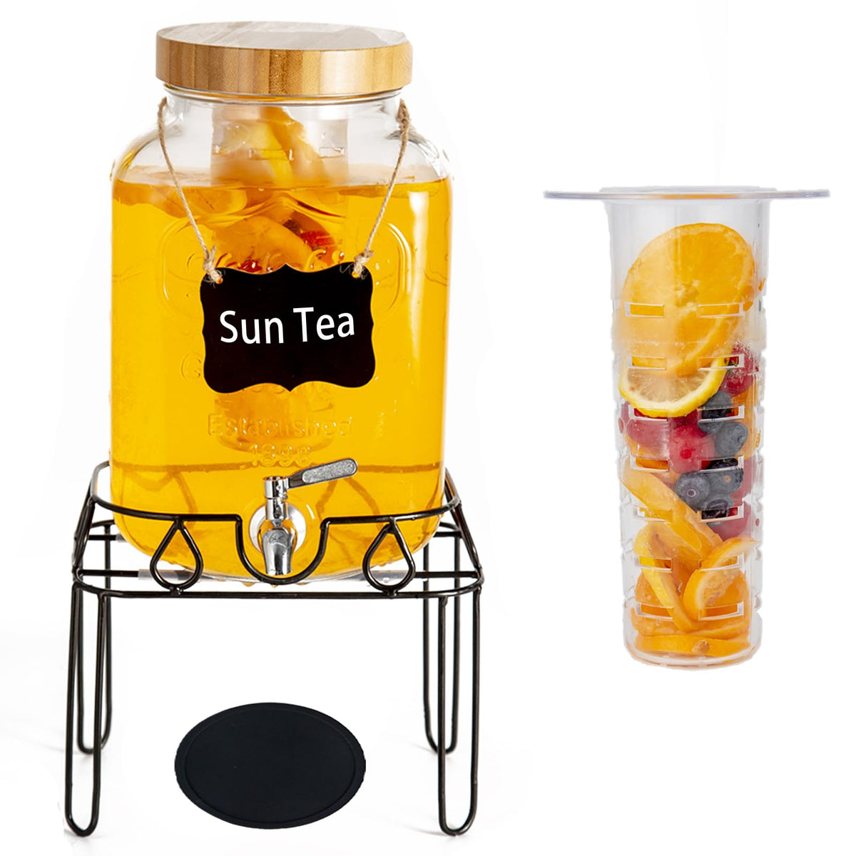 2 Gallon Glass Drink Dispenser with Stand and Bamboo Lid E588431