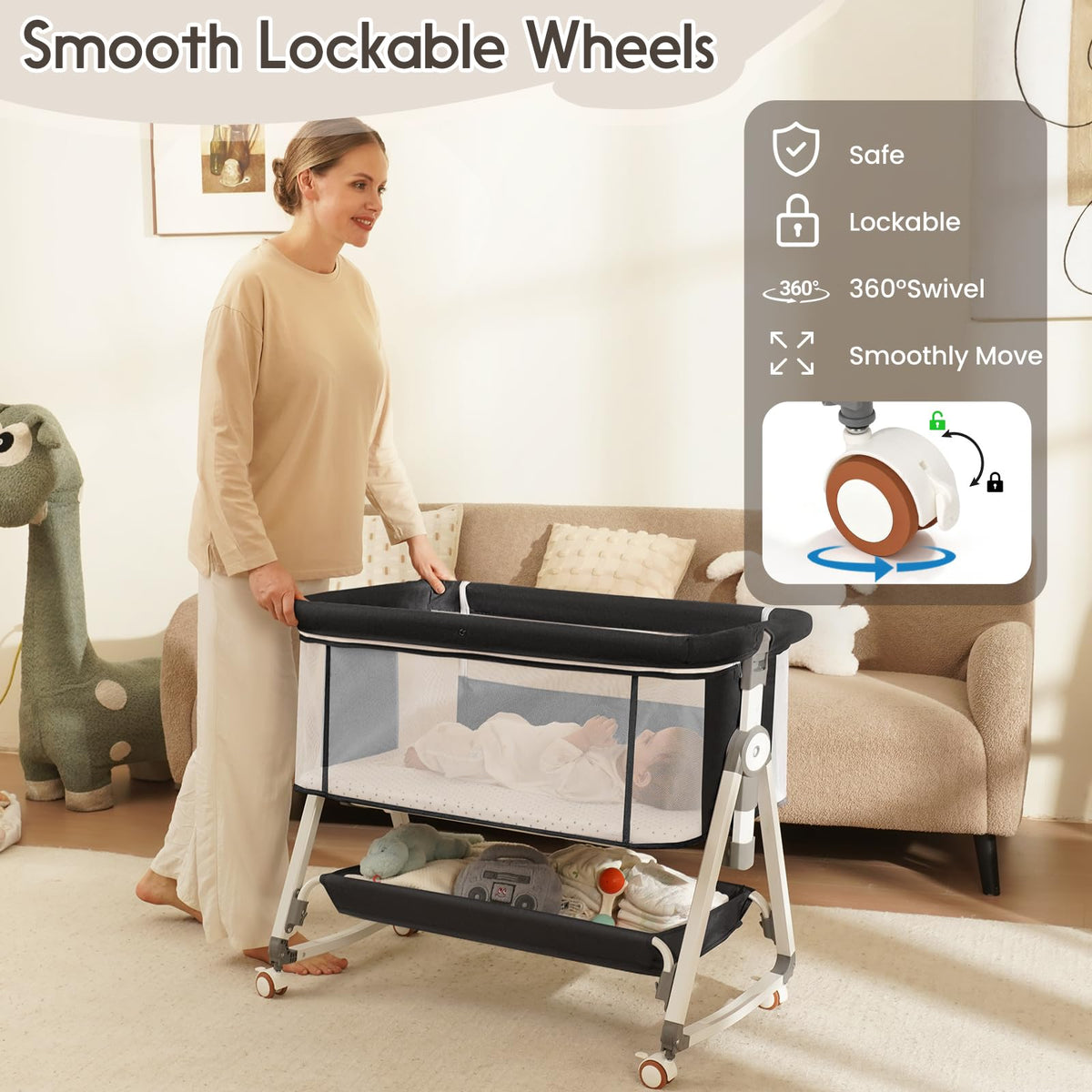3 in 1 Baby Bassinets Bedside Sleeper with Storage Basket F805200