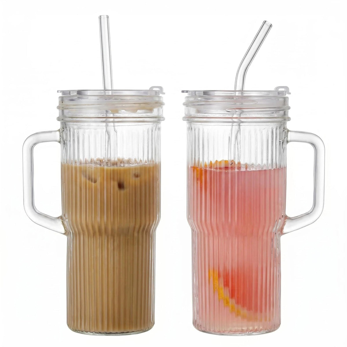 2-Pack 24oz Ribbed Glass Tumbler with Lids & Straws N688883