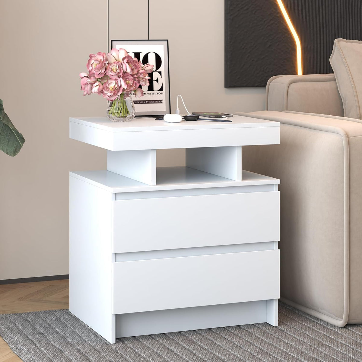 LED Nightstand with Charging Station White N442