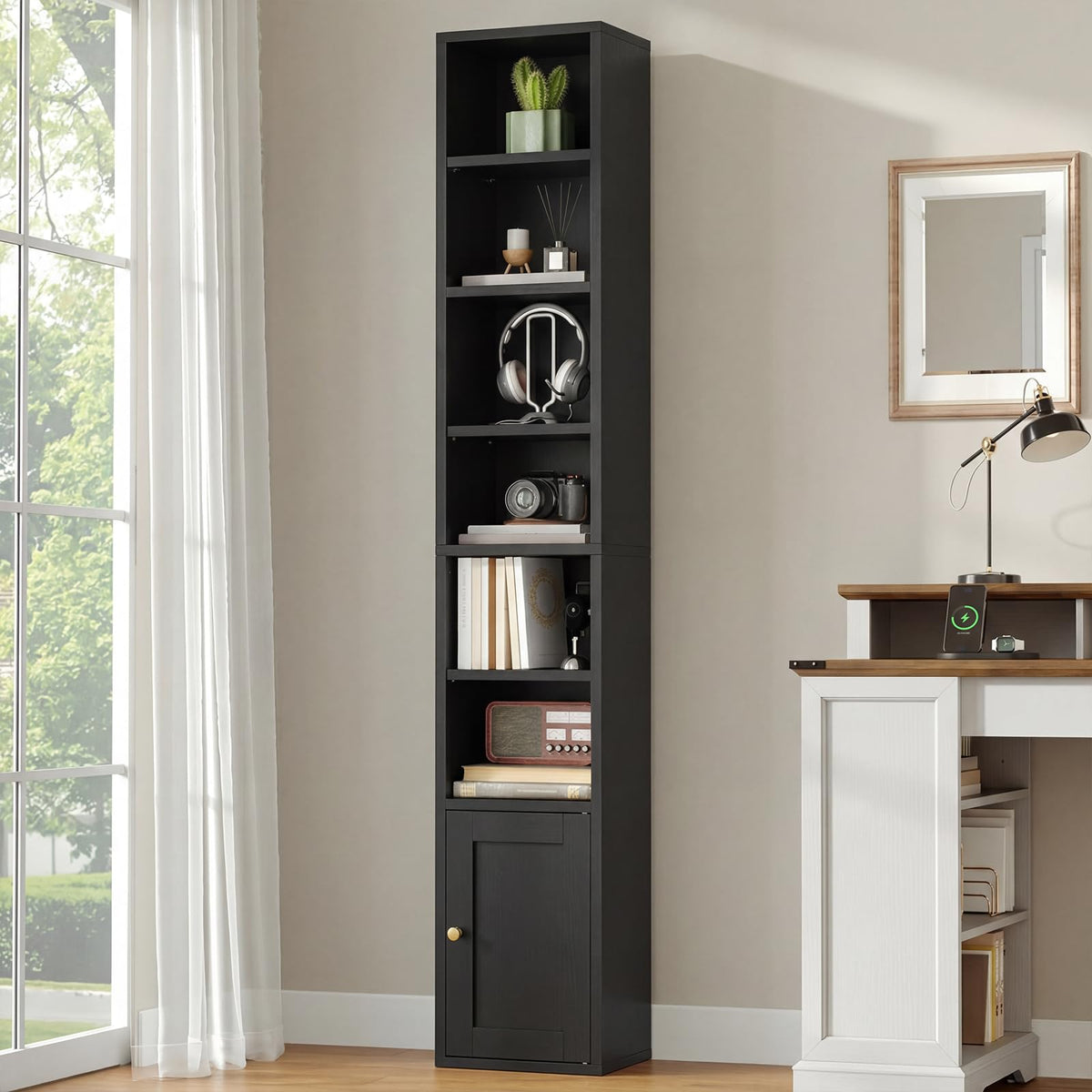 7-Tier Narrow Bookshelf with Door and Storage Cabinet, Black D174297
