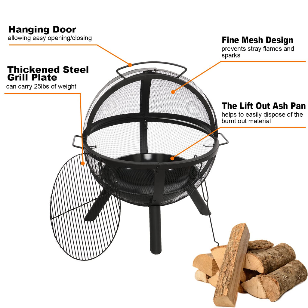 Black Round Fire Pit with BBQ Grill N523