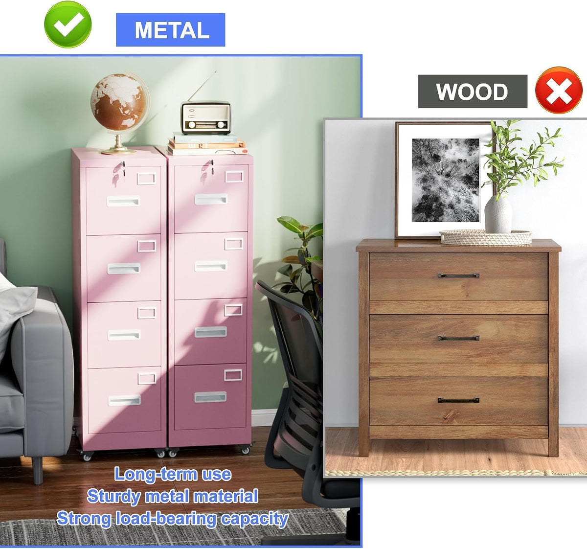 Pink 4-Drawer Metal File Cabinet with Lock and Wheels U264
