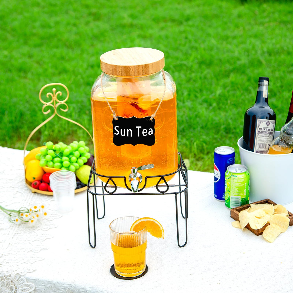 2 Gallon Glass Drink Dispenser with Stand and Bamboo Lid E588431