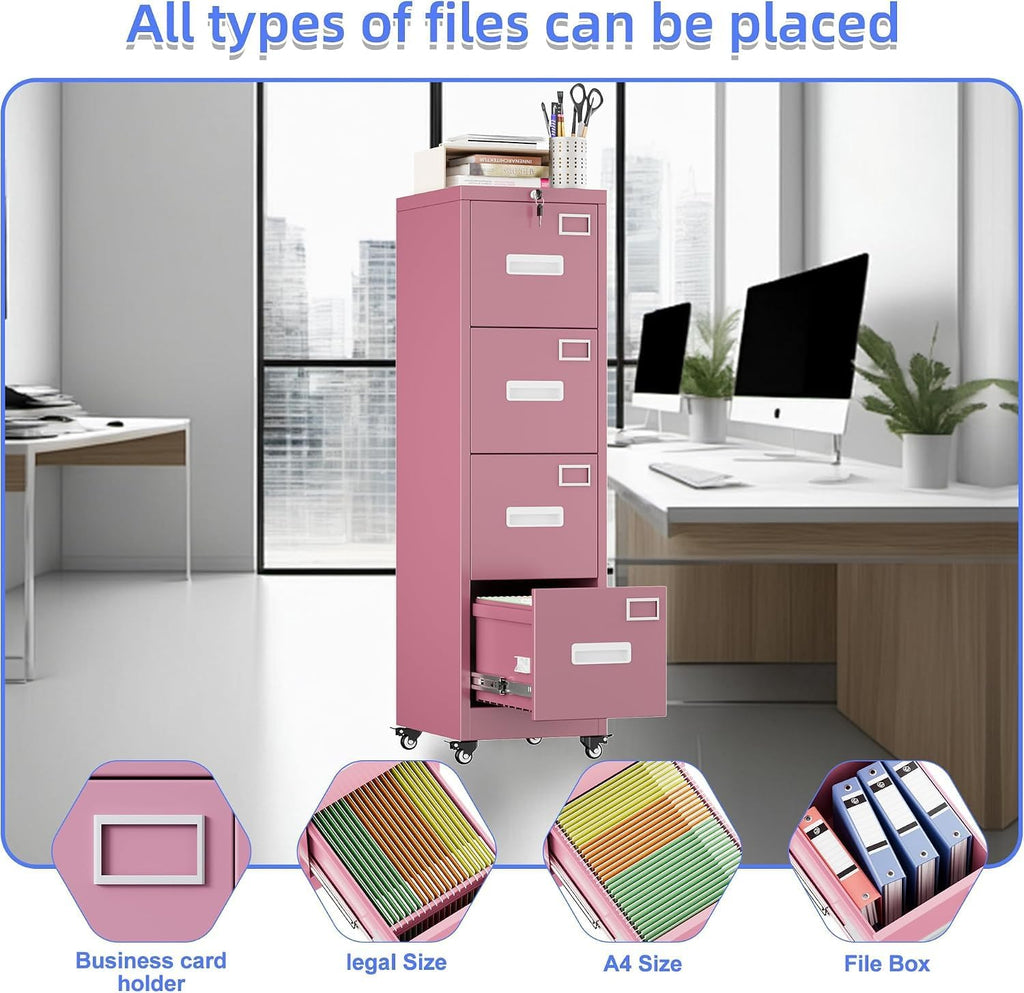 Pink 4-Drawer Metal File Cabinet with Lock and Wheels U264