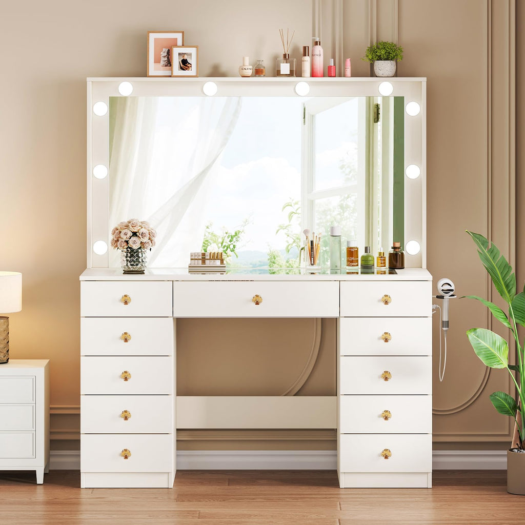 White Vanity Desk with Mirror and 10 LED Lights G17765