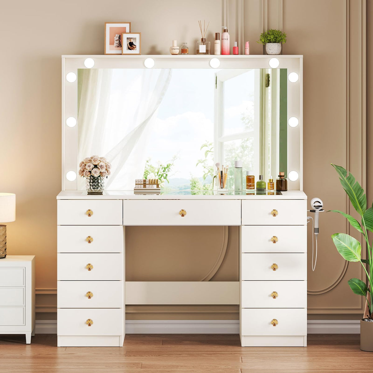 White Vanity Desk with Mirror and 10 LED Lights G17765