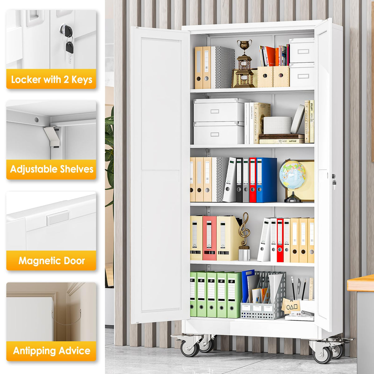 71''H White Metal Storage Cabinet with Wheels T6351