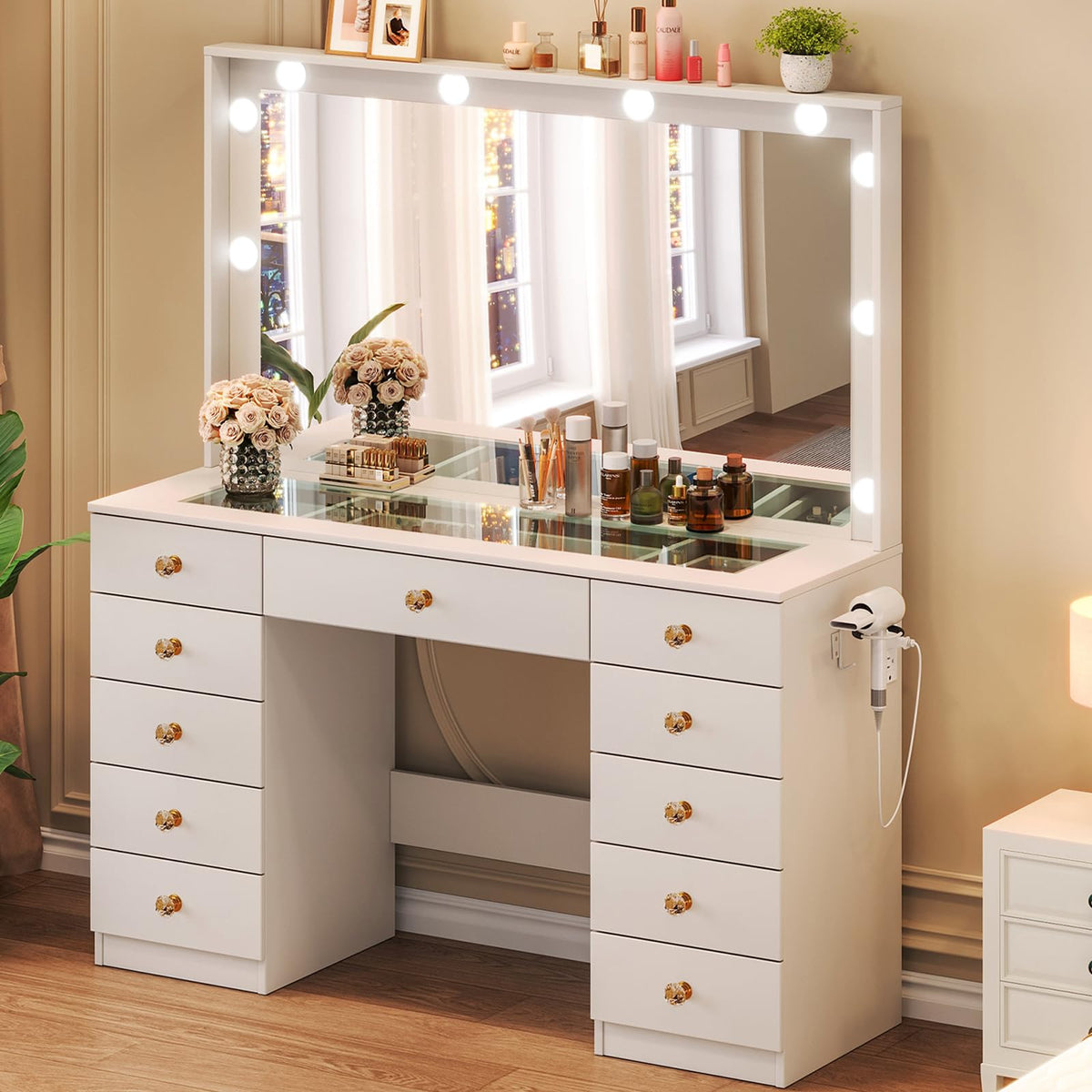 White Vanity Desk with Mirror and 10 LED Lights G17765