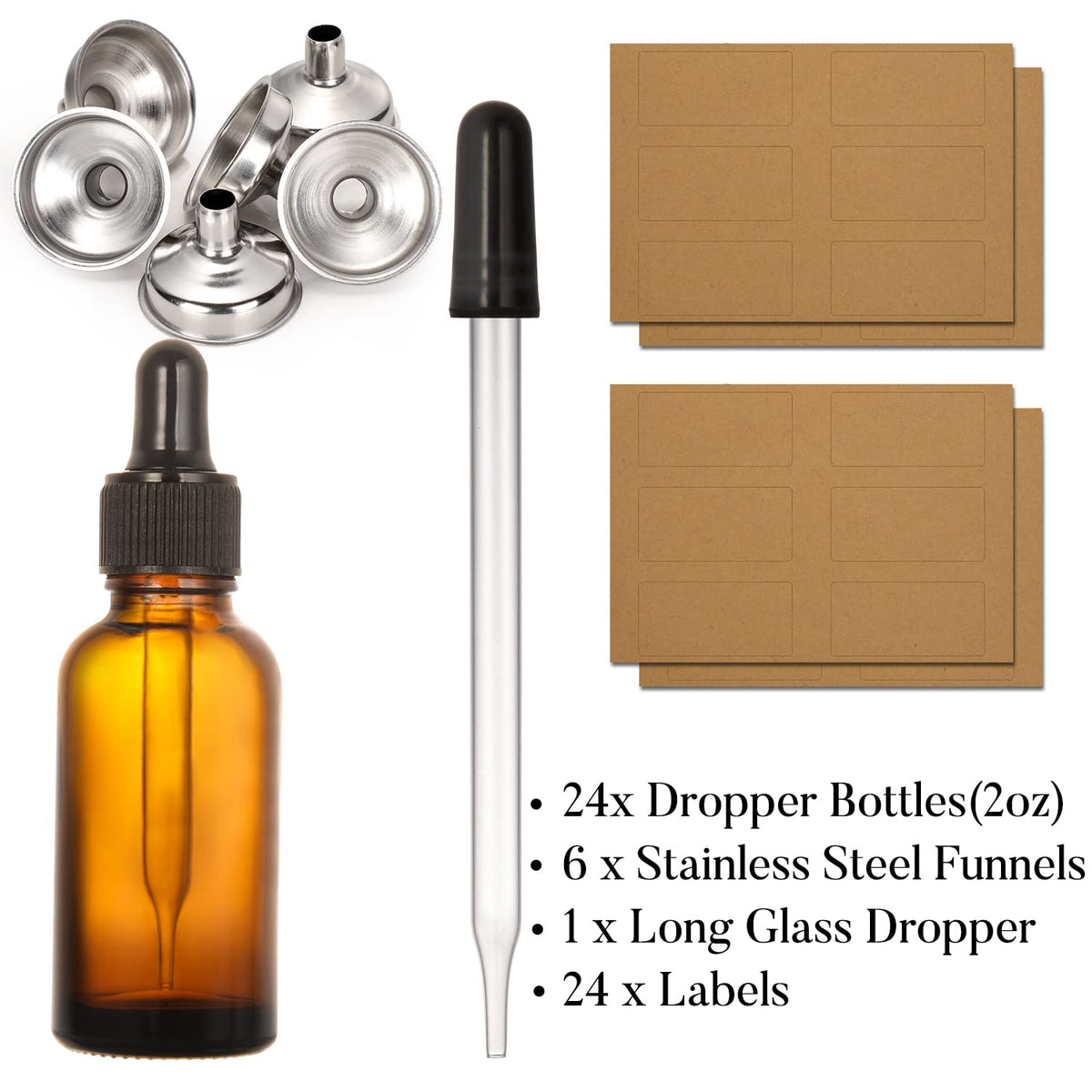 2 oz Dark Amber Dropper Bottles with Funnels P145511