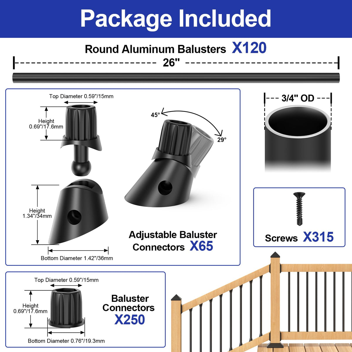 26" Black Aluminum Deck Balusters 120 Pack V617