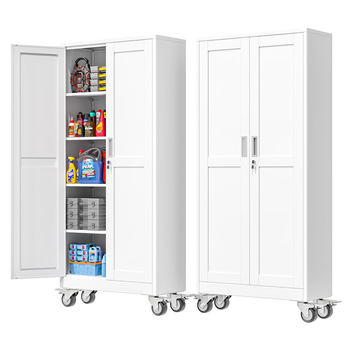 71''H White Metal Storage Cabinet with Wheels T6351