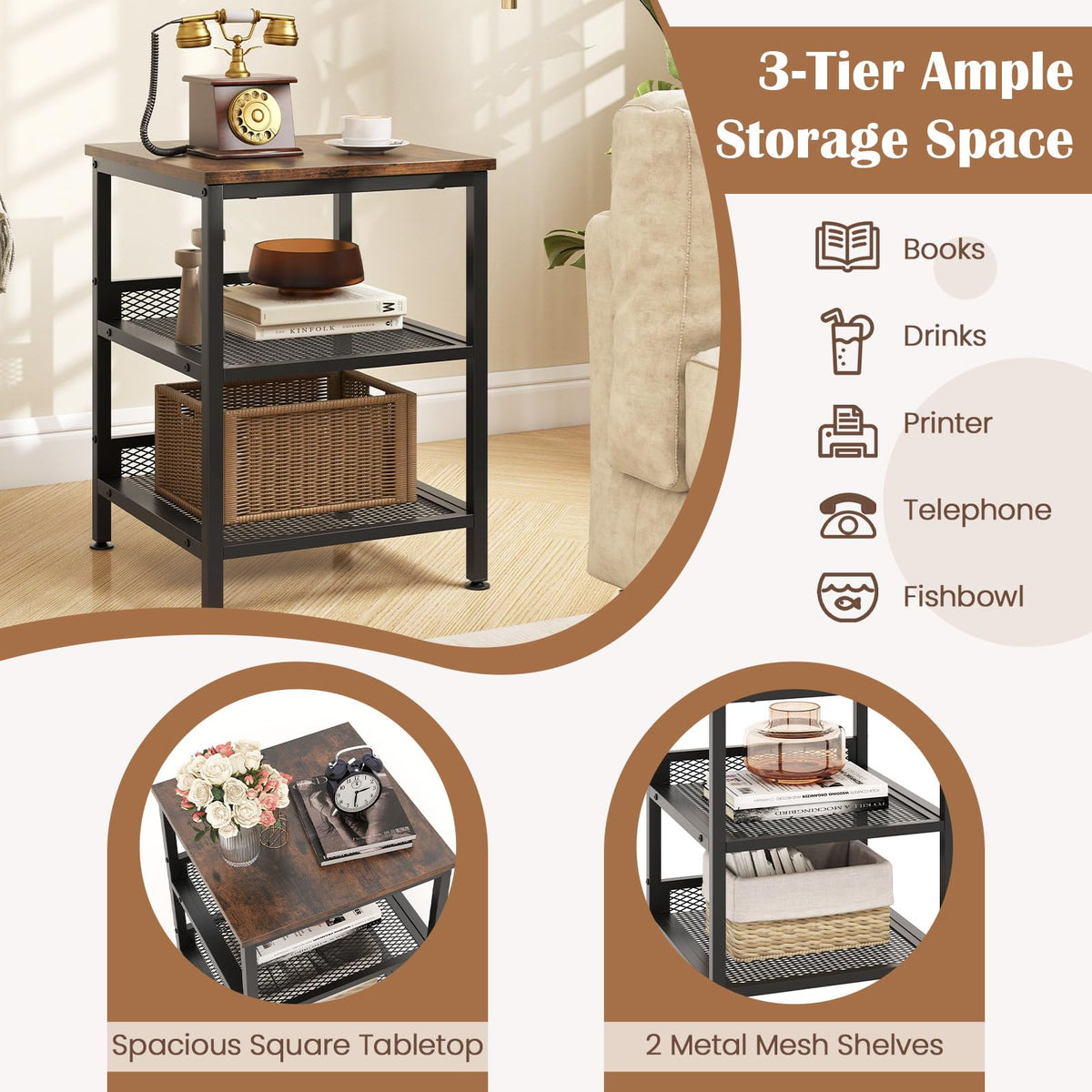 3-Tier End Table Set of 2 with Mesh Storage Shelves O825836