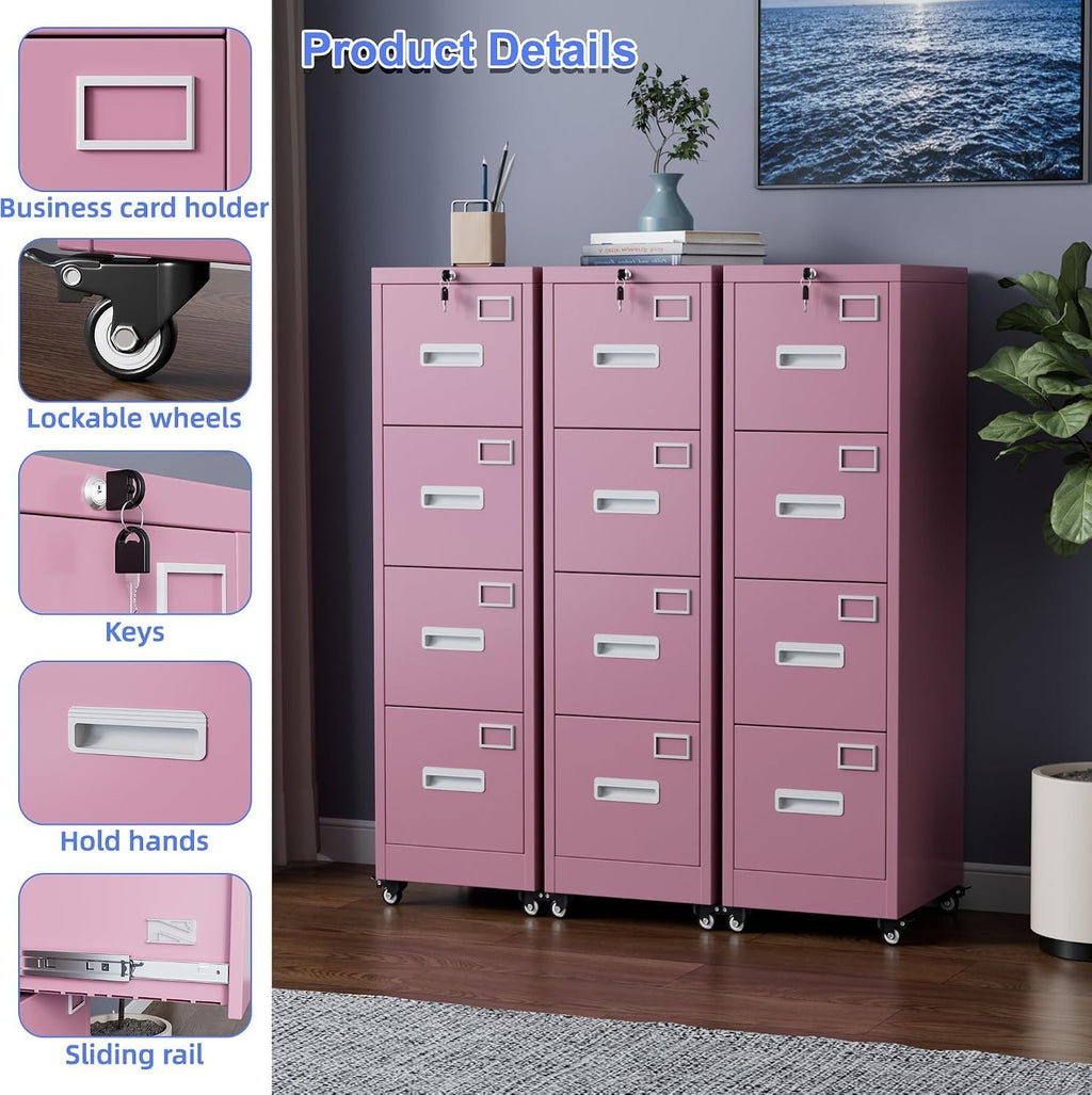 Pink 4-Drawer Metal File Cabinet with Lock and Wheels U264
