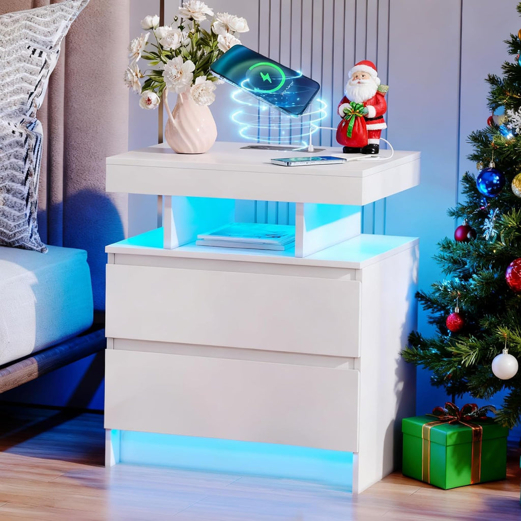 LED Nightstand with Charging Station White N442