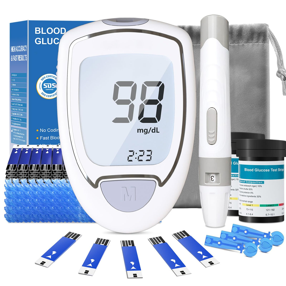 Blood Glucose Monitor Kit with 50 Test Strips & 50 Lancets K566