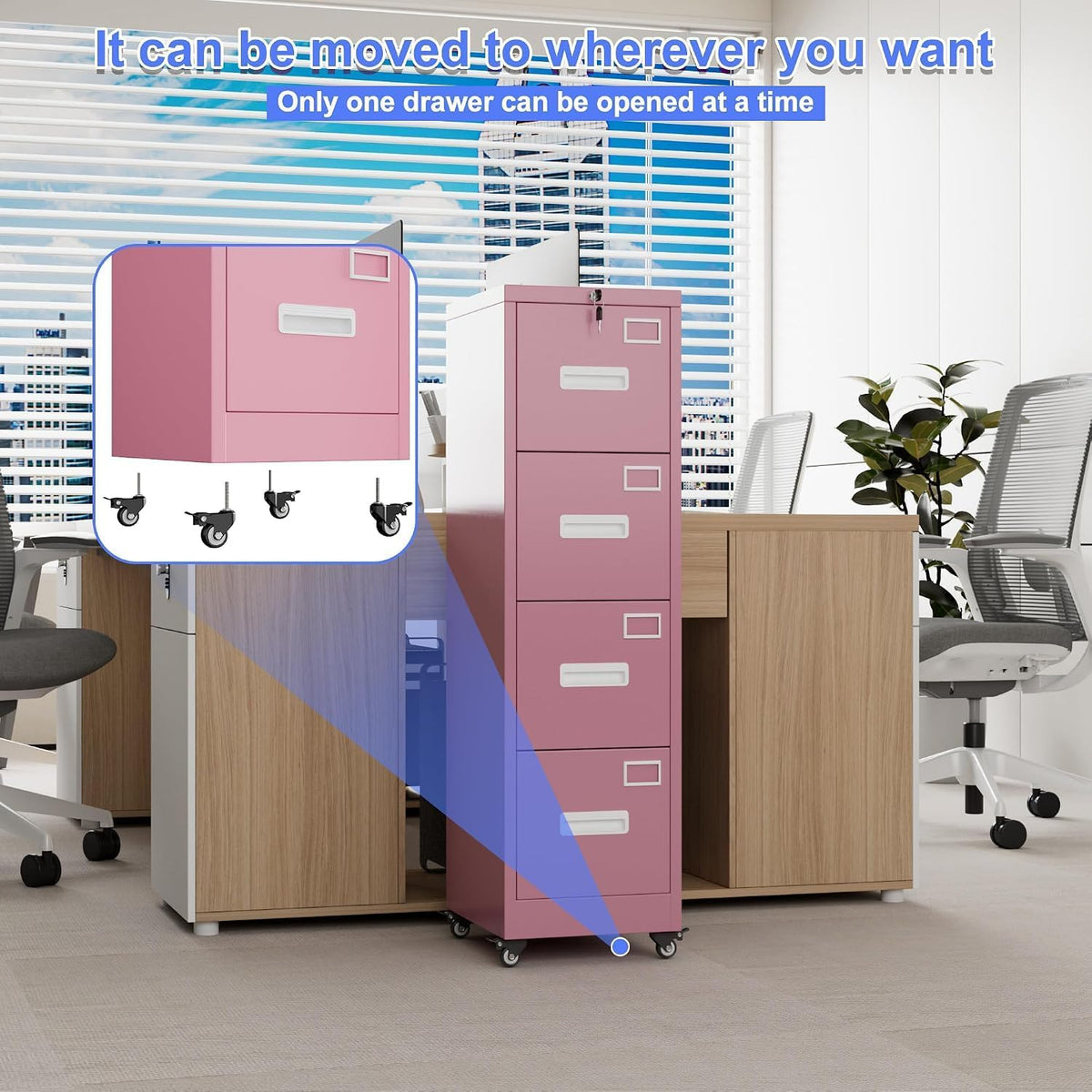 Pink 4-Drawer Metal File Cabinet with Lock and Wheels U264