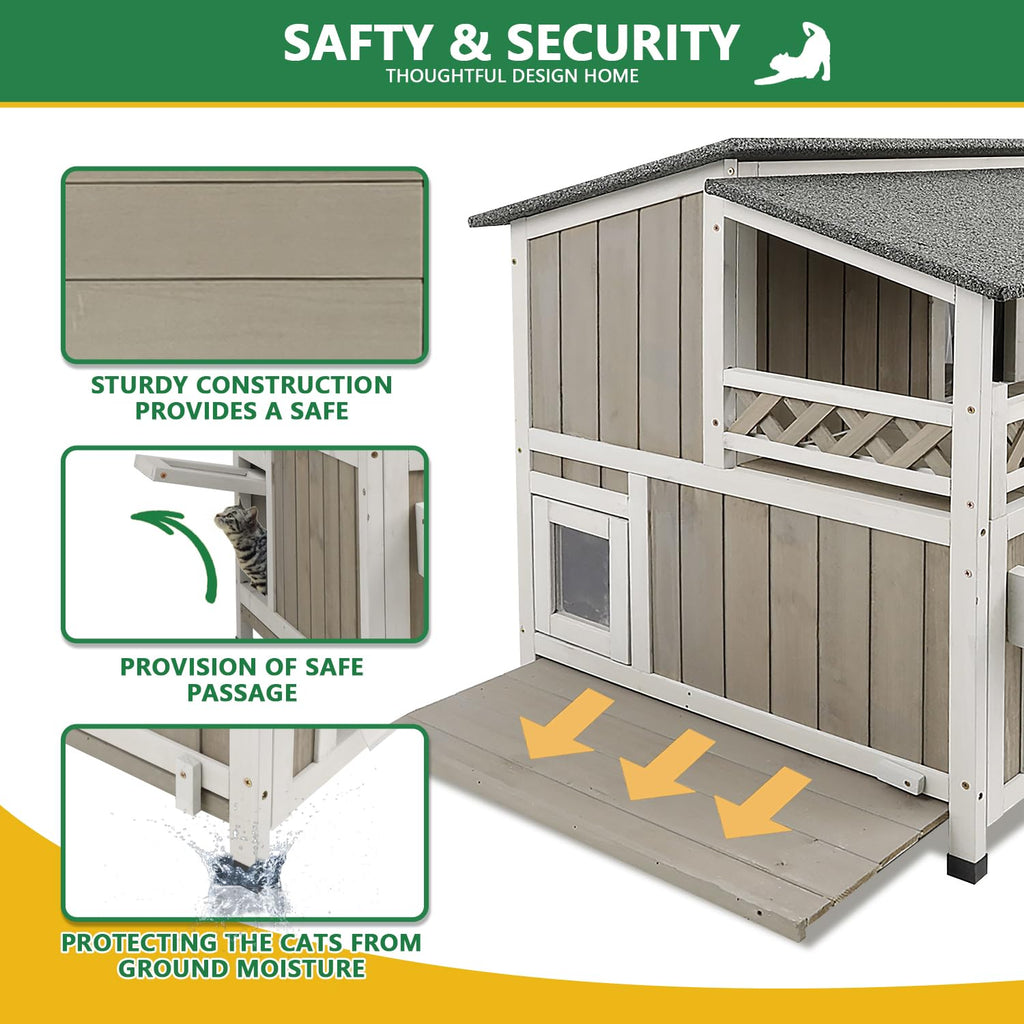 Weatherproof 2-Story Outdoor Cat House with Balcony E718