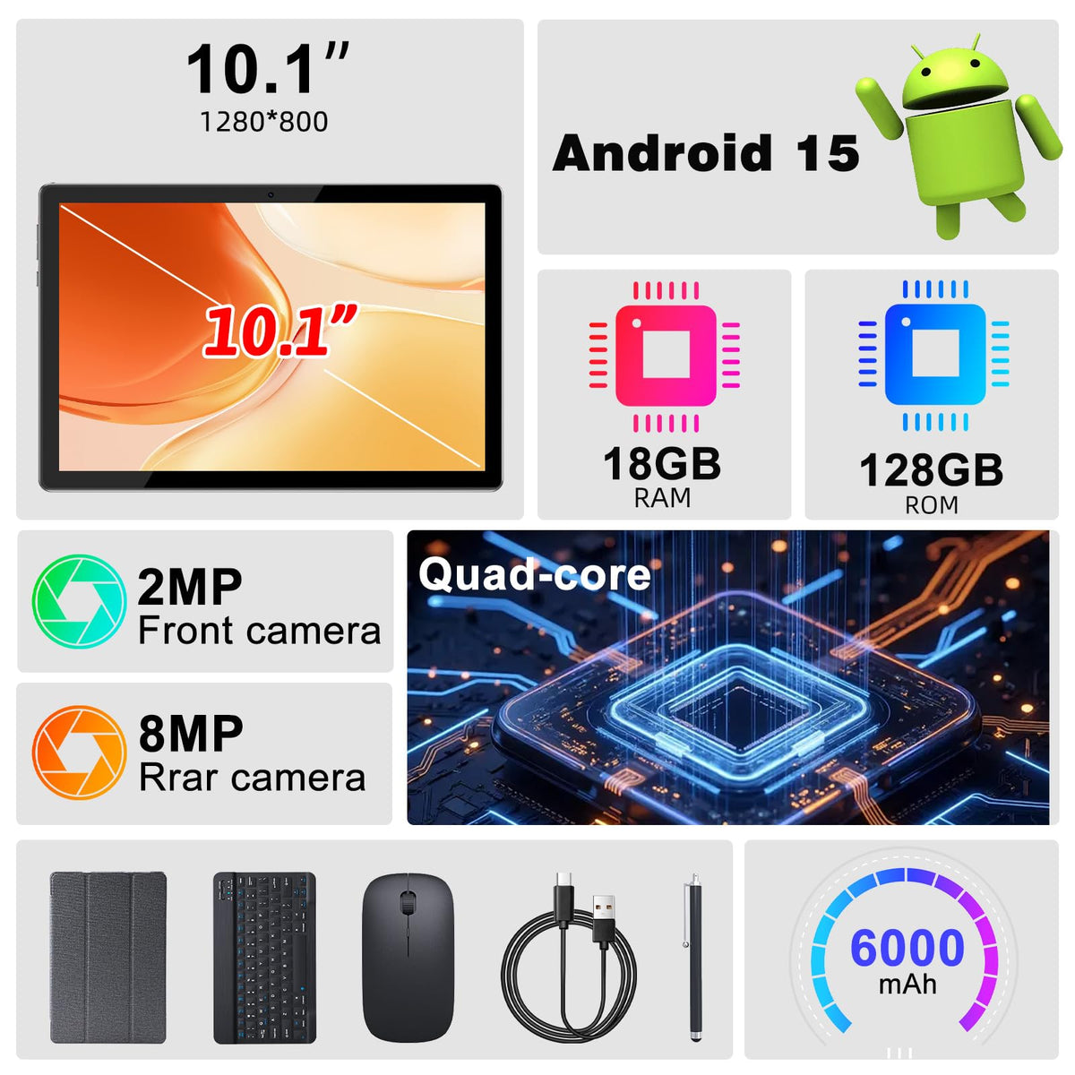 Android 15 10 Inch 18GB RAM 128GB ROM Tablet with Keyboard Case Mouse Stylus R272487