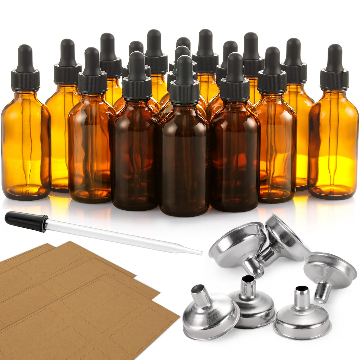 2 oz Dark Amber Dropper Bottles with Funnels P145511
